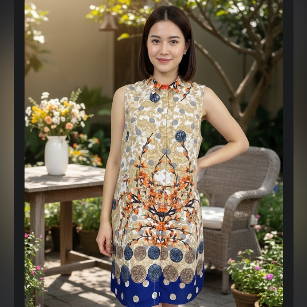 Rare Isle by Melis Kozan Blue & Gold Collared Button Down Dress